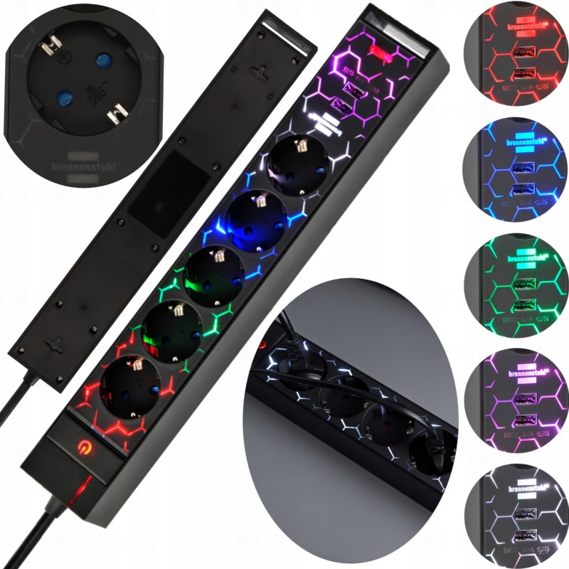 Gamingowa listwa zasilająca GSL 05 USB z oświetleniem LED BRENNENSTUHL