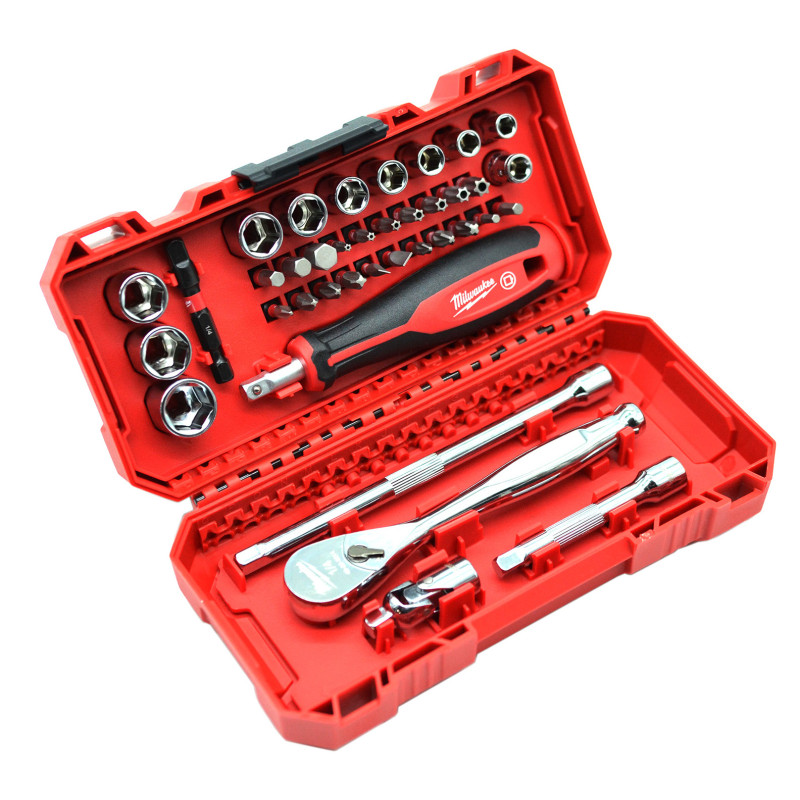 Grzechotka, nasadki 1/4“ i bity 38szt MILWAUKEE