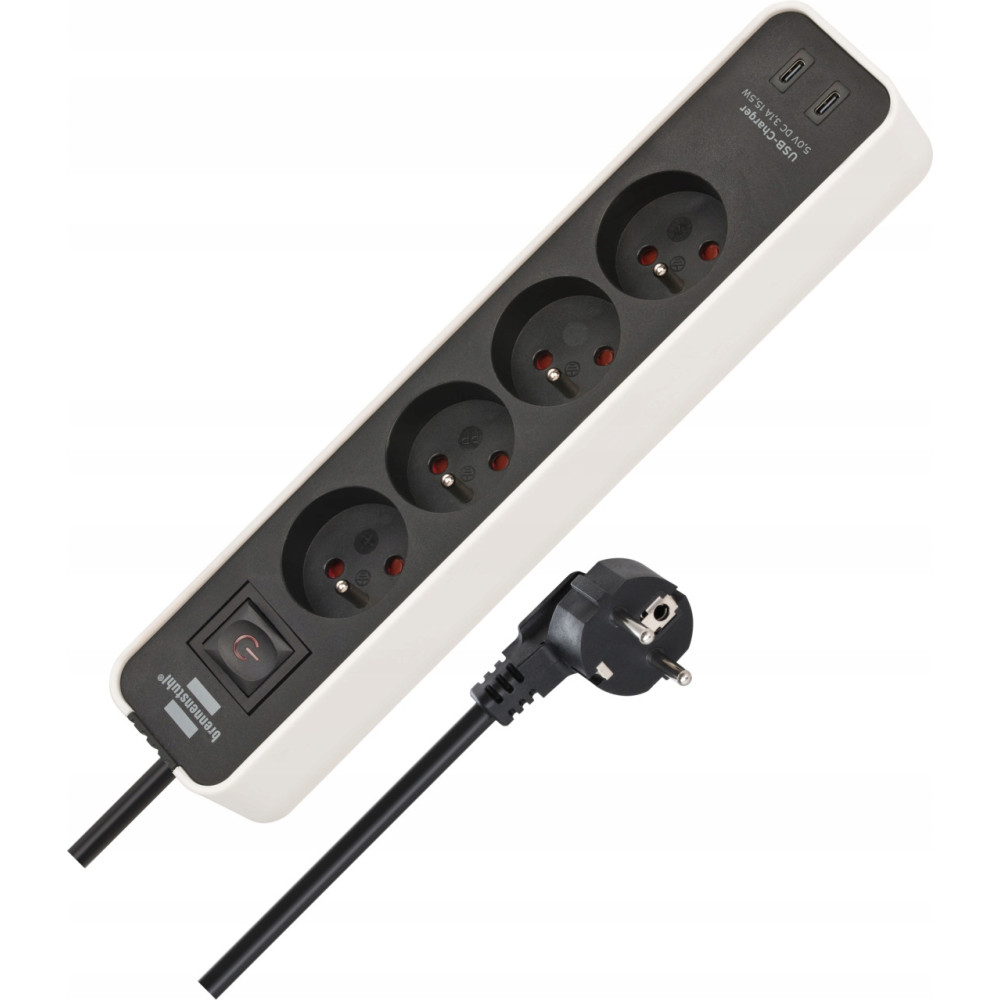 Listwa zasilająca Ecolor 4 gniazda, 2 gniazda USB-C, 1,5 m, Biało-czarna Brennenstuhl