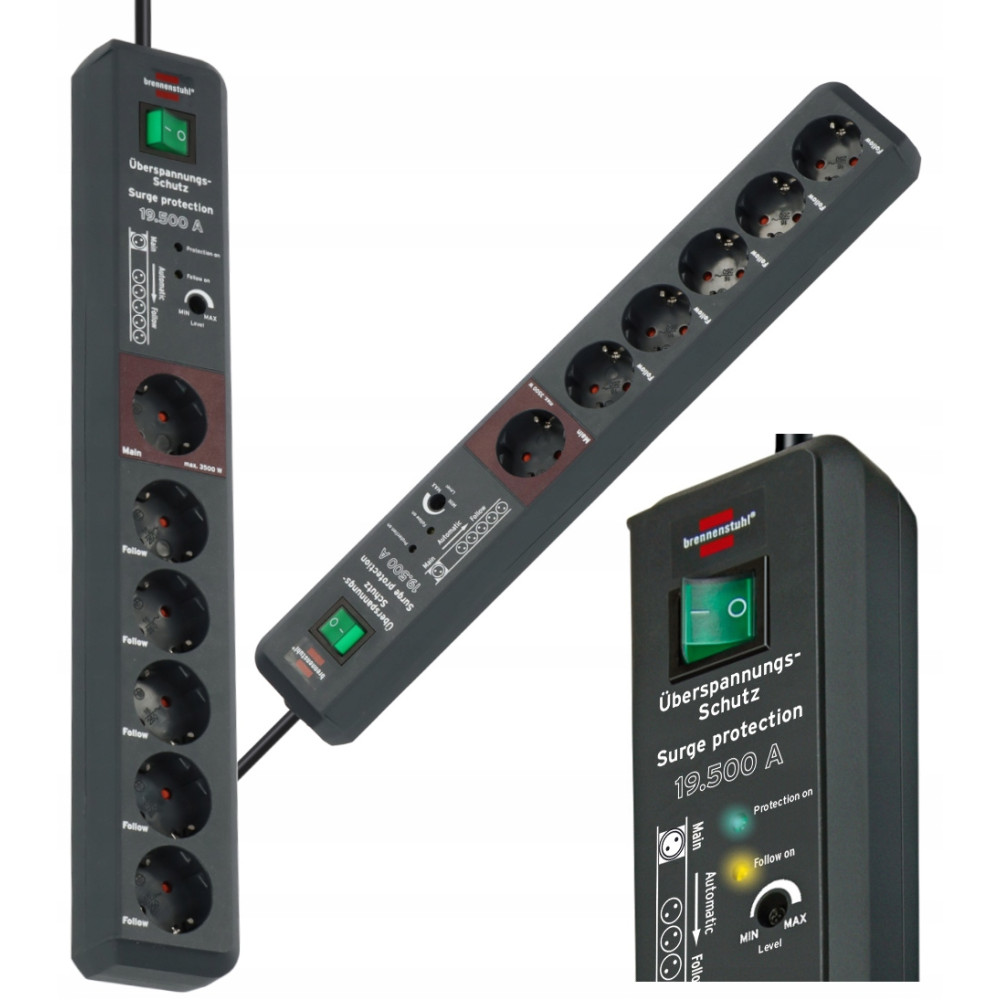 Listwa przeciwprzepięciowa 19.500A 6 gniazd 3m H05VV-F 3G1.5 Secure Tec Mail follow BRENNENSTUHL