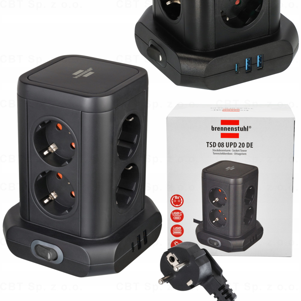 Listwa zasilająca wieża 8 gniazd 2m 3xUSB z włącznikiem BRENNENSTUHL