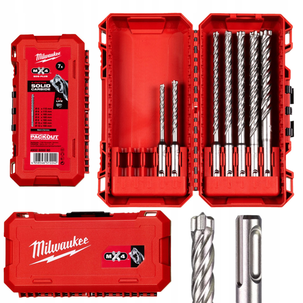 Zestaw wierteł do betonu SDS PLUS MX4, 5/6 x 115 mm, 6/8/8/10/12 x 160 mm 7szt MILWAUKEE