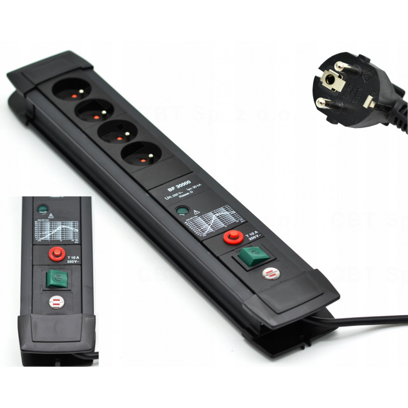 Listwa przepięciowa z 4 gniazdami i ochroną przepięciową do 30.000 A,  kabel 3 m z wyłącznikiem czar