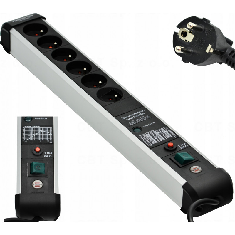 Listwa zasilająca 6gniazda 3 m ochrona przeciwprzepięciowa PremiumProtectLine 60.000A H05VVF 3G1,5 B